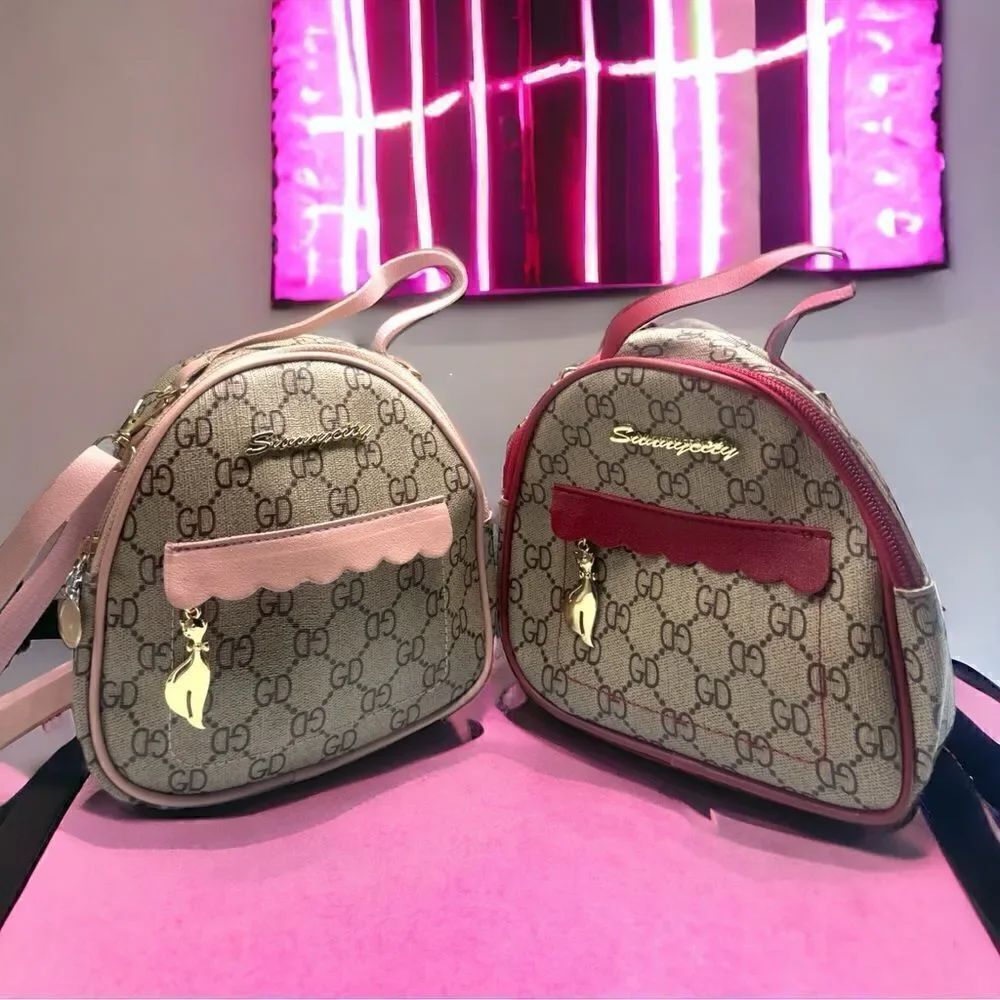 Cute mini backpack l PU Leather l Pink/Red Accent l Gold Kitty Hardware l New